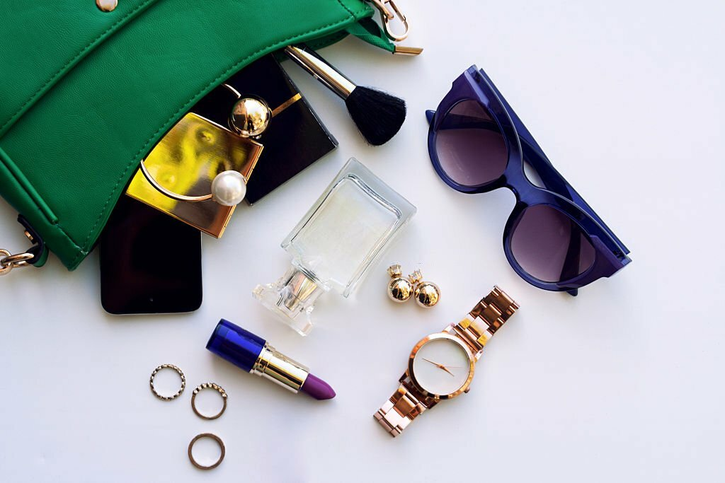 Top view of female fashion accessories for woman.