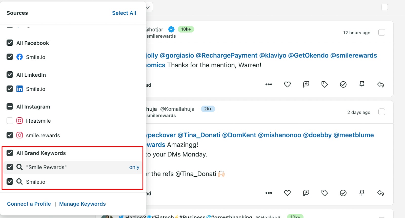Collect customer feedback online–A screenshot of Smile’s social listening keywords in Sprout Social (Smile Rewards and Smile.io).  