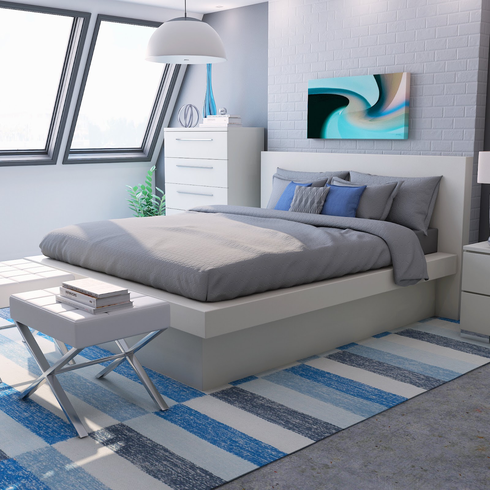 Blue and gray themed platform bed