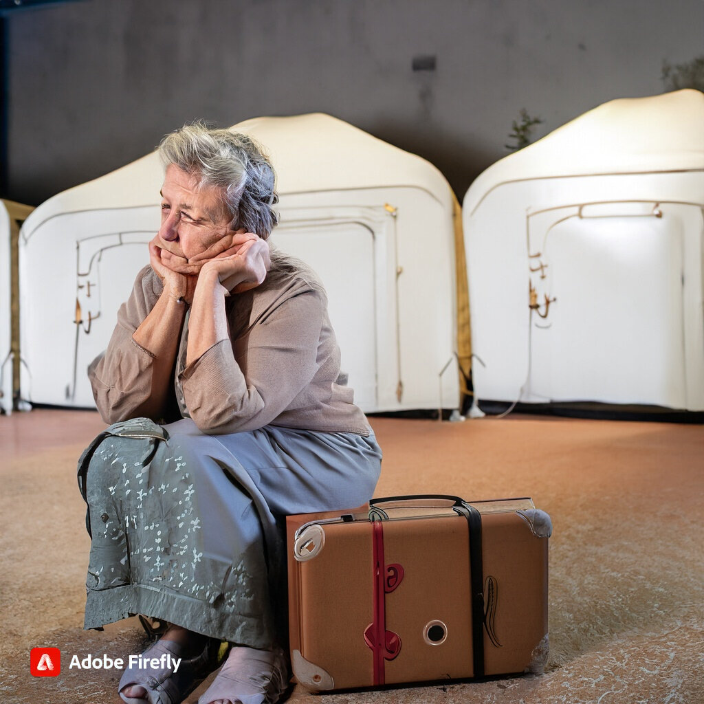 Imagen de mujer mayor, sentada, a su lado una maleta y al fondo tiendas de campaña, en alusión a la migración forzada de adultos mayores