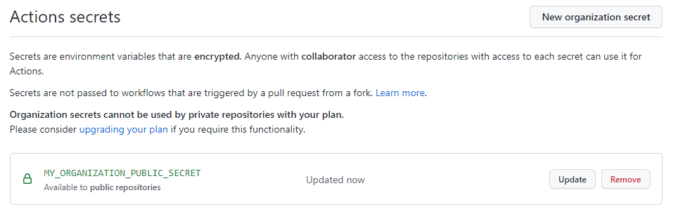 Setting the organization level secret in GitHub