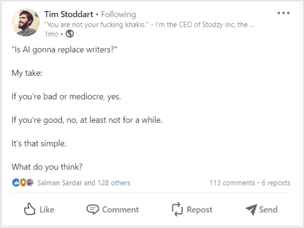 Tim Stoddart Shared a post on Linkedin the future of ai.