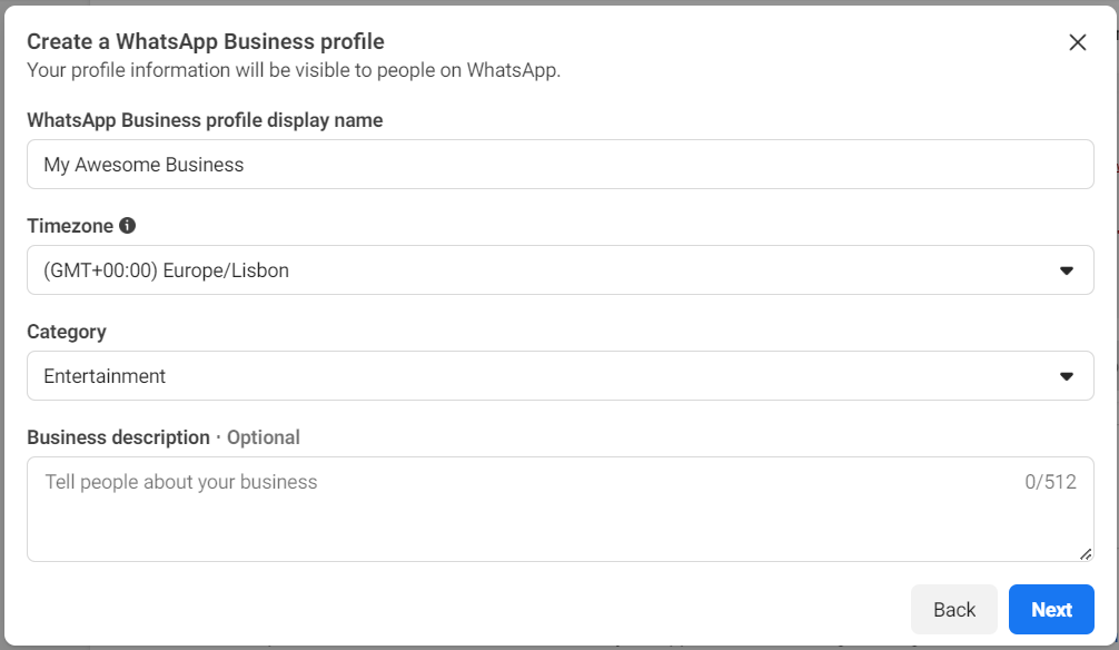 Window for filling WhatsApp Business profile information.