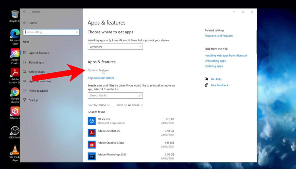Inside Settings, select Apps and then Apps & Features to install Windows Connect