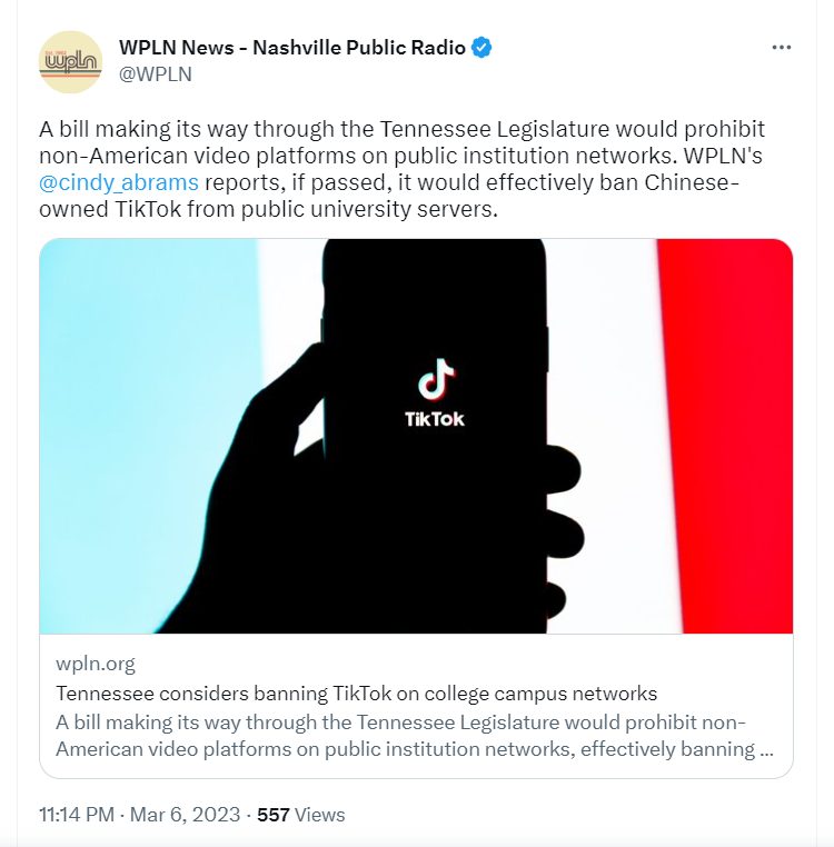 Tweet about Tenessee bill banning non-American video platforms