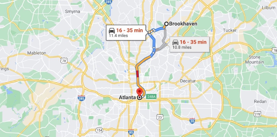 Brookhaven, GA to Atlanta, GA map