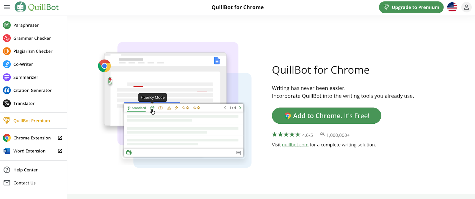 Shows QuillBot's simple layout with a big range of features down the left hand side.