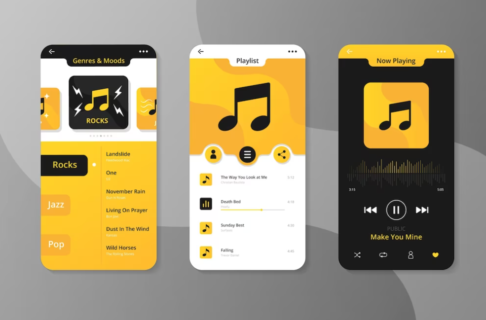 three music players with yellow and black colors on gray background