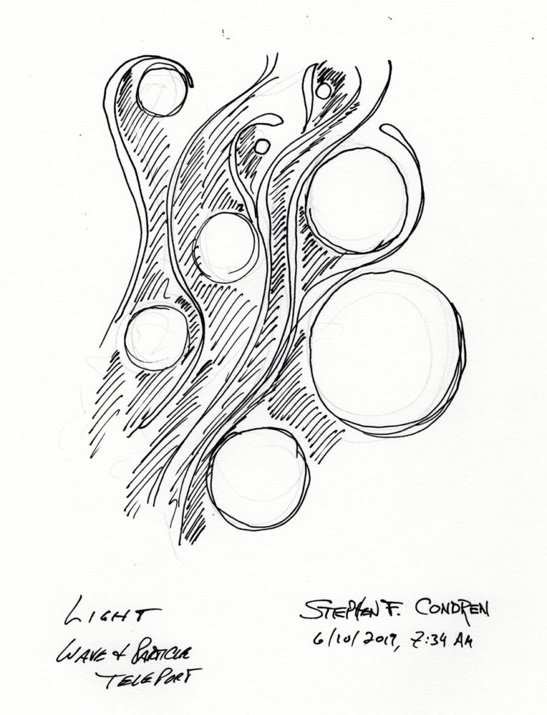 Pen & ink drawing of light traveling as a particle and a wave.