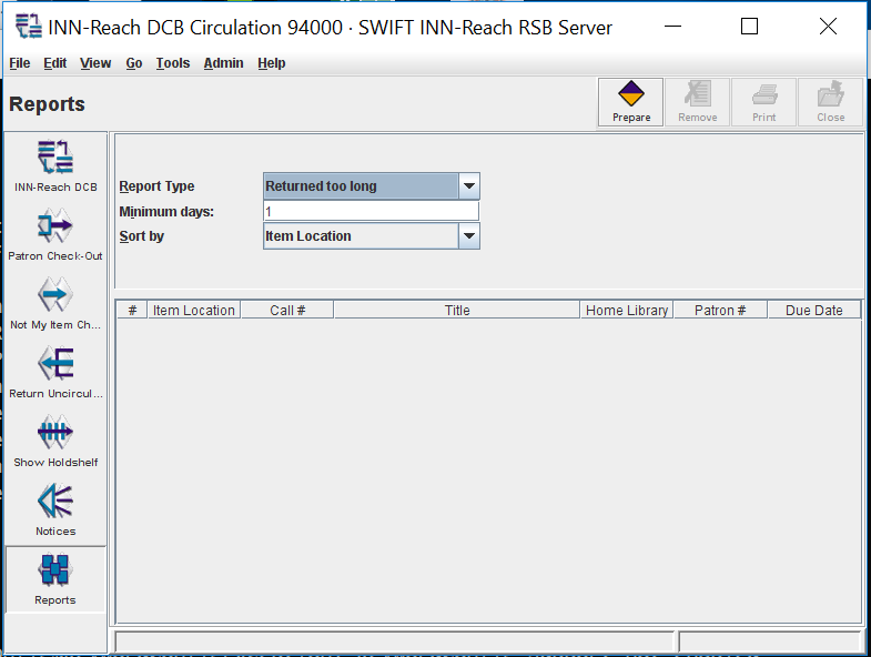 Millennium RSB client reports screen