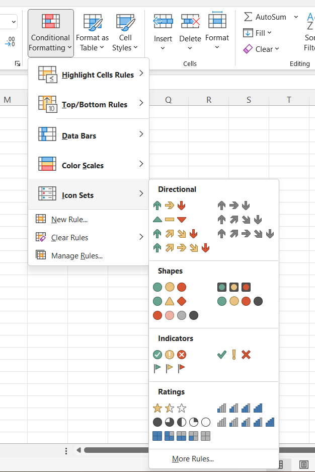 excel icon sets- List of Icon Sets available in Excel