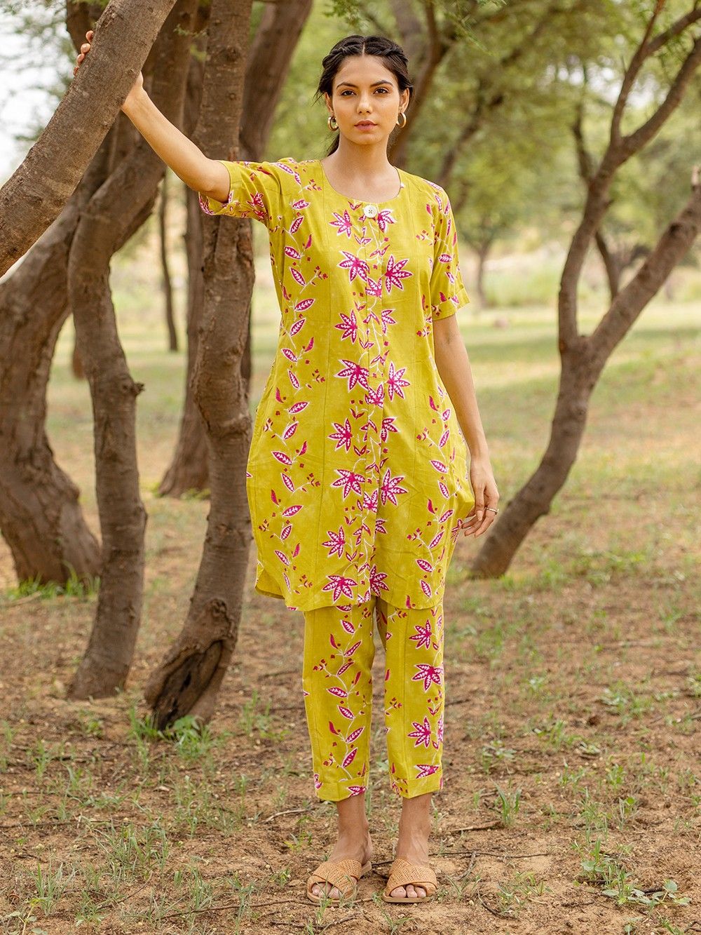 the loom - Green Pink Hand Block Printed Cotton Kurta