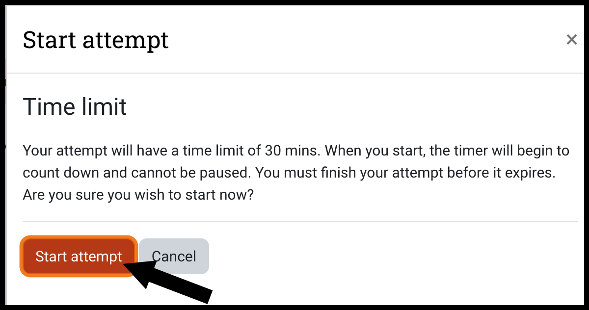 Pop up that appears when a timed quiz is begun and an arrow is pointing to the Start attempt button
