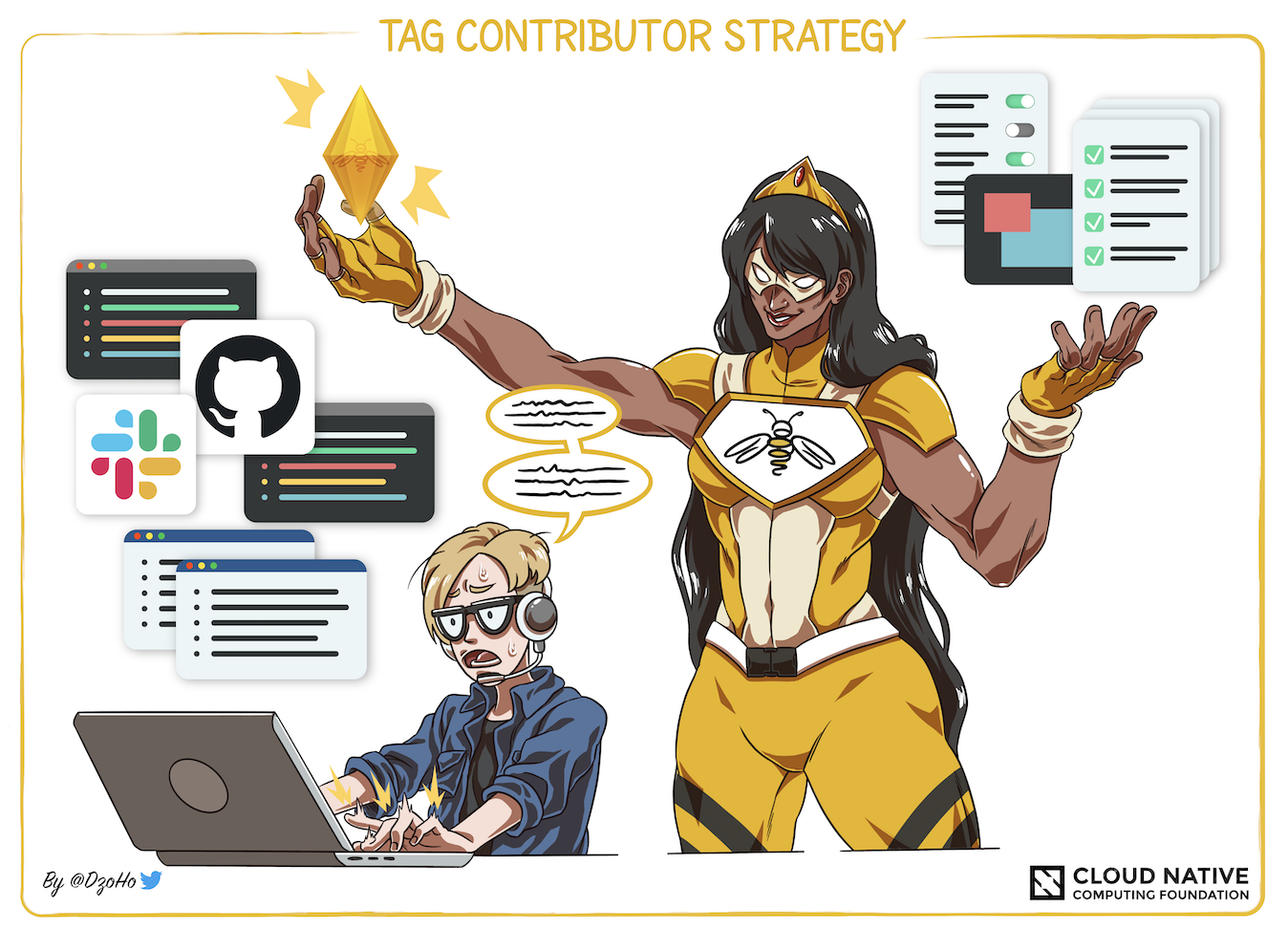 Illustration by DzoHo shows a lady (dressed up on wonderwoman costume with Tag Contributor Strategy logo) presenting a gem to a gentleman with glasses and headphone looking frustrated working on his computer