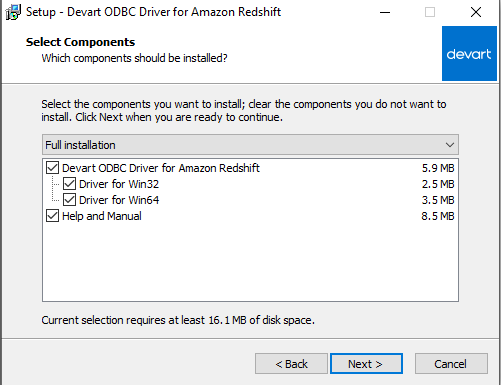 Amazon Redshift ODBC Driver: Select Components