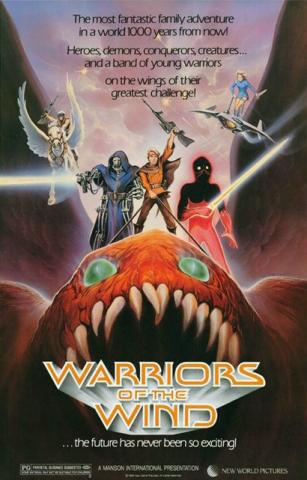 A poster for the original American release of Nausicaa of the Valley of the Wind entitled "Warriors of the Wind." The poster features a man with a rifle, a robot shooting a laser beam, and a mysterious red figure with a laser sword all riding atop a large orange monster.