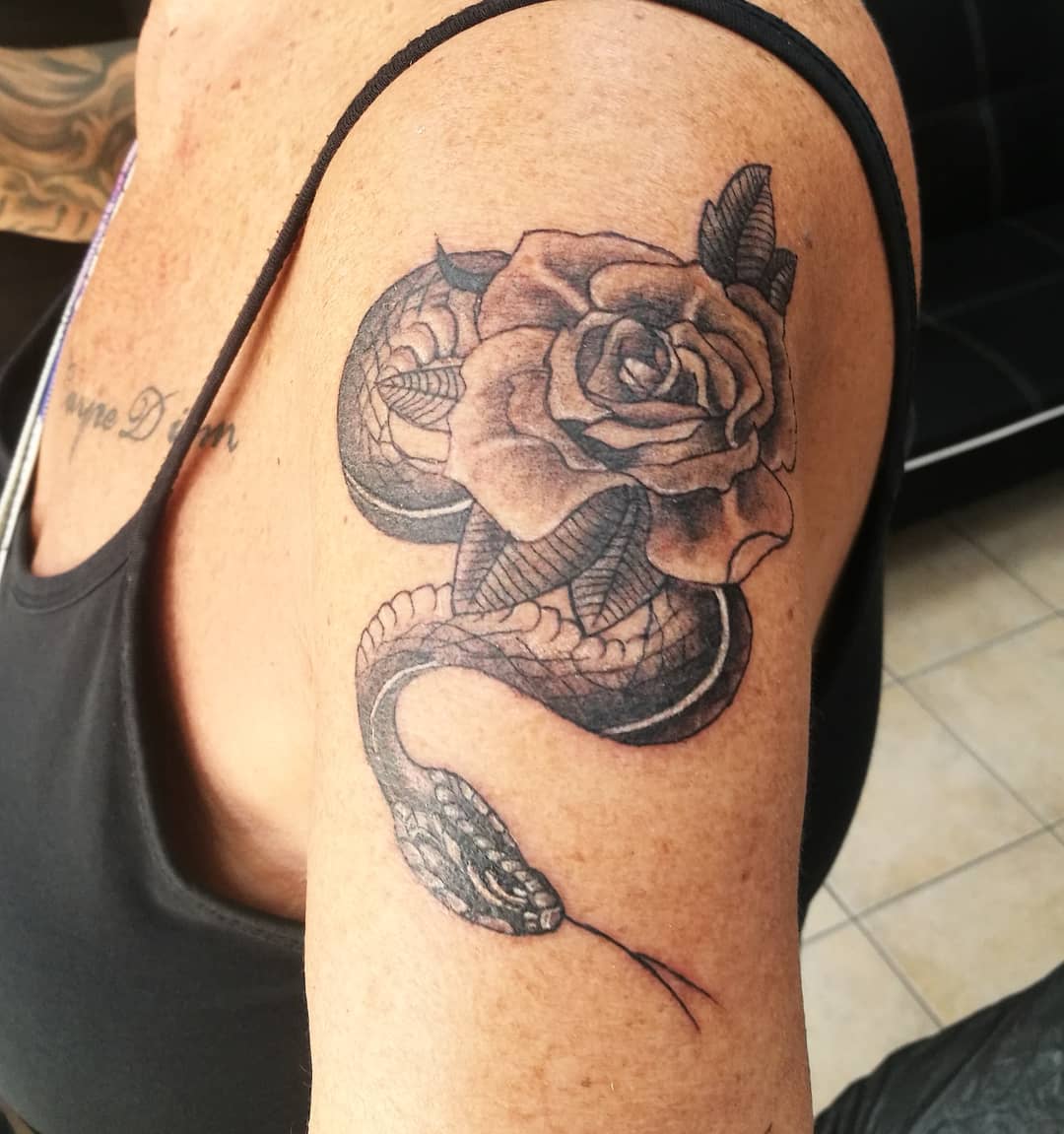 Cute Rose With Snake Tattoo