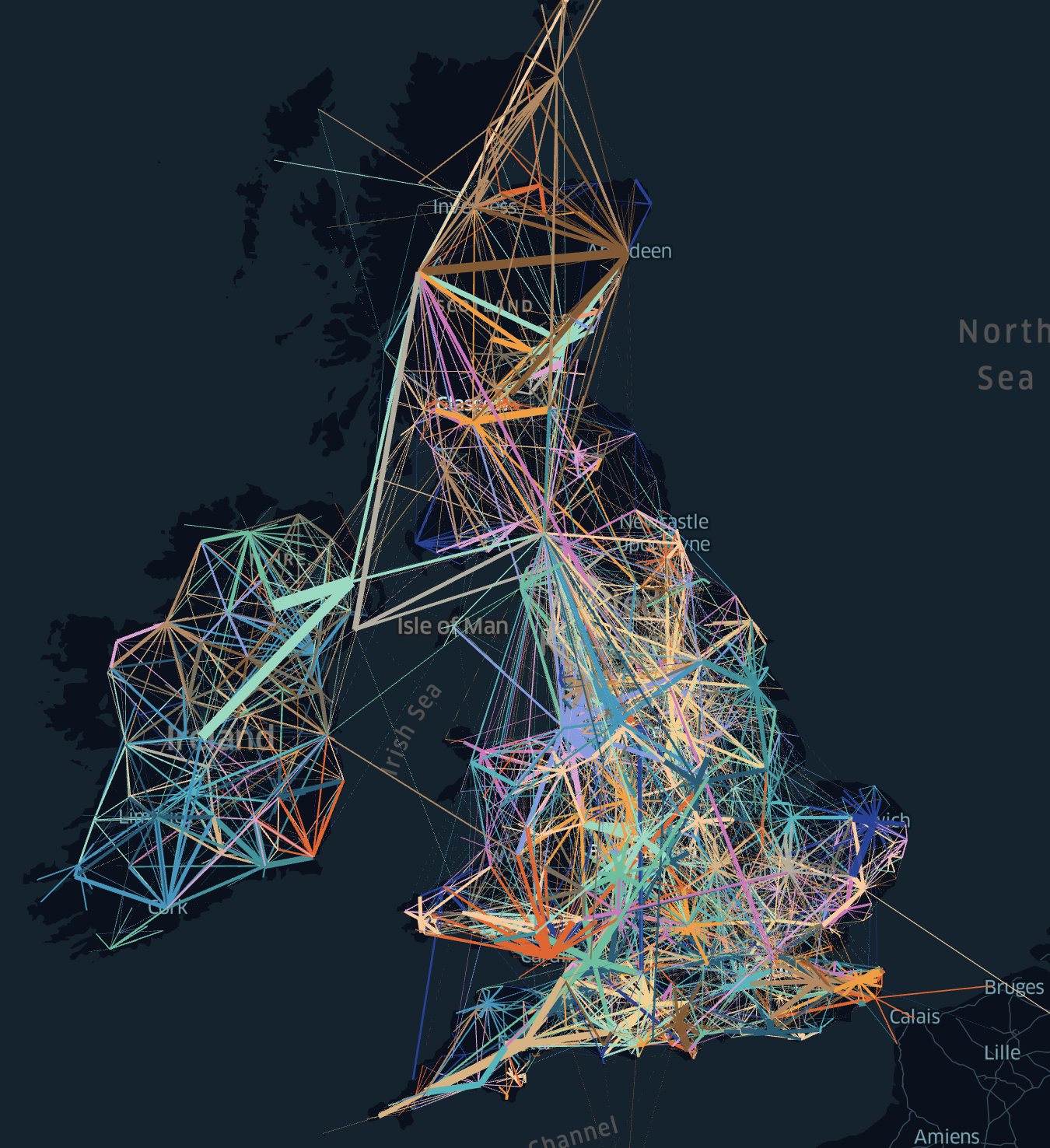 A diagram of the UK with coloured lines representing connections between places