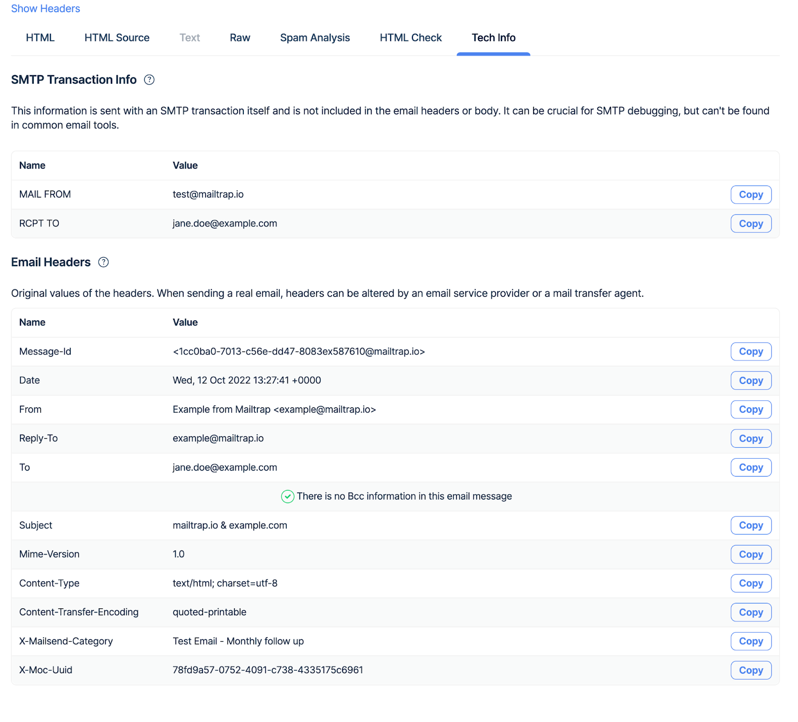 Viewing tech info in Mailtrap Email Testing 