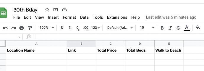 A screenshot of a Google Sheet, ready for scraping Airbnb data.