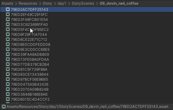 A screenshot displaying the Unity editor’s Project view, in which there are lots of Timeline asset files - one for each scene - in a folder. The Timeline asset filenames are each 16 letters long - they are hexadecimal representations of the unique 64-bit line identifier.