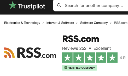 Screenshot of RSS podcast hosting, showing 4.9 stars out of 5.