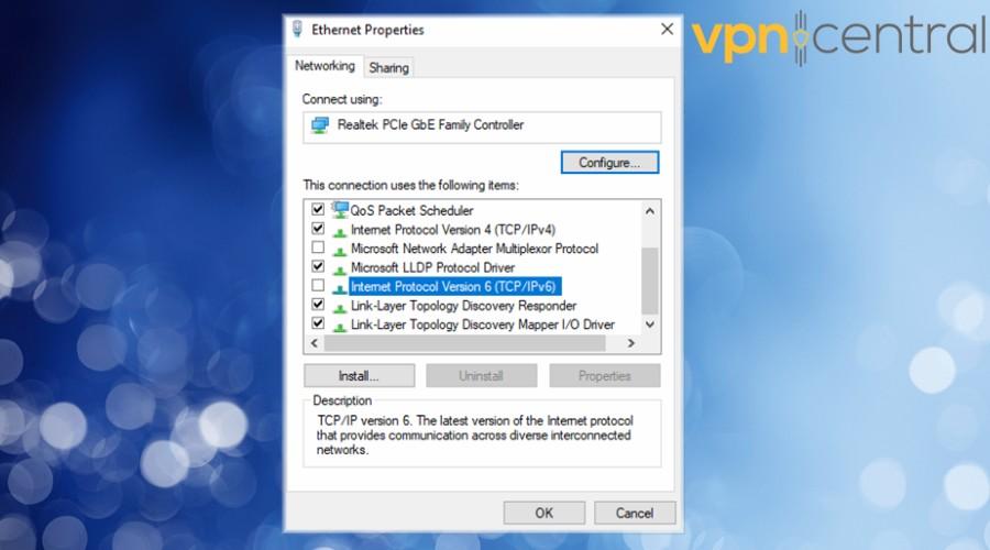 windows ethernet properties disable ipv6