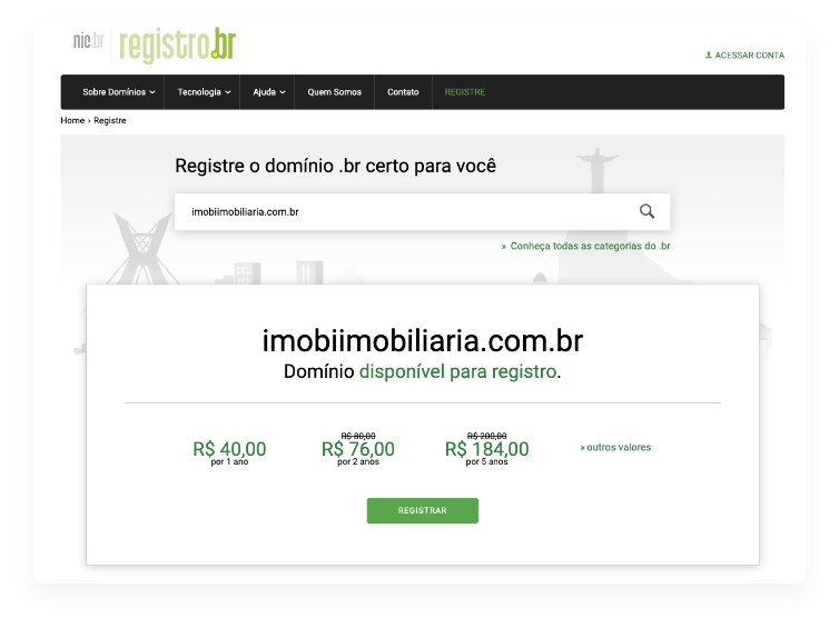Tela inicial do site Registro.BR apresentando que o domínio imobiliaria.com.br está disponível para registro