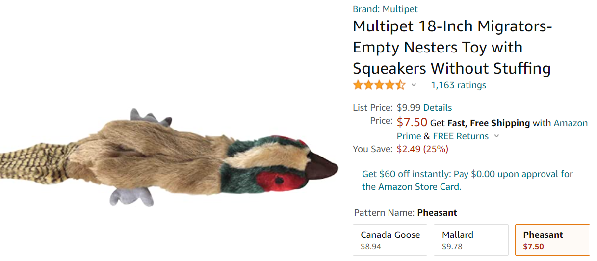 Multipet pheasant sqeaker toy 