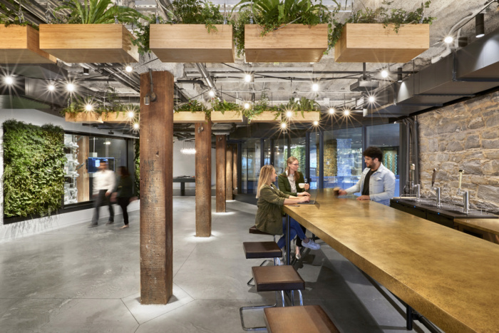 Hanging ceiling plants, plant-filled walls and stone walls in United Technologies' office in New York