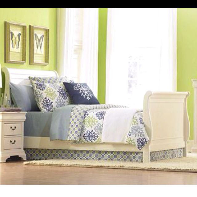 Add a bed skirt behind the rails, headboard, and footboard of a sleigh bed when decorating it.