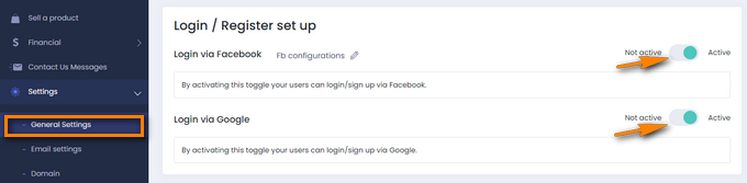 Turning on Login and Registration via Google and Facebook. 