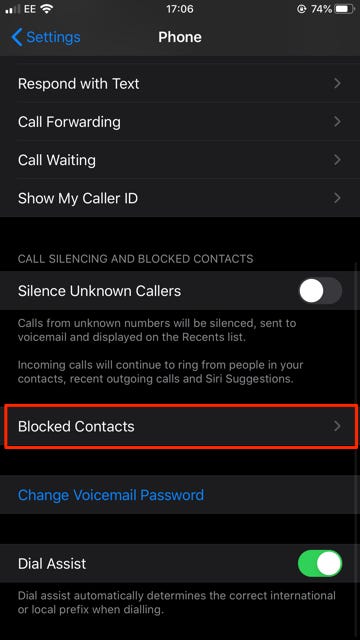 Tap ‘Blocked Contacts’ to view your list of blocked numbers