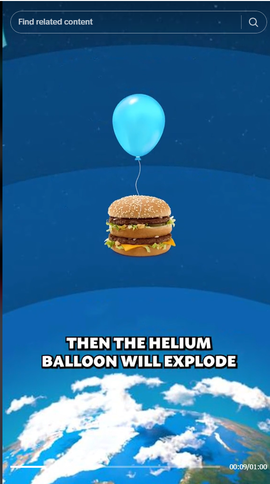 A screenshot of a social media post showing a blue baloon on top of a burger. There are some texts showing "then the helium balloon will explode"l