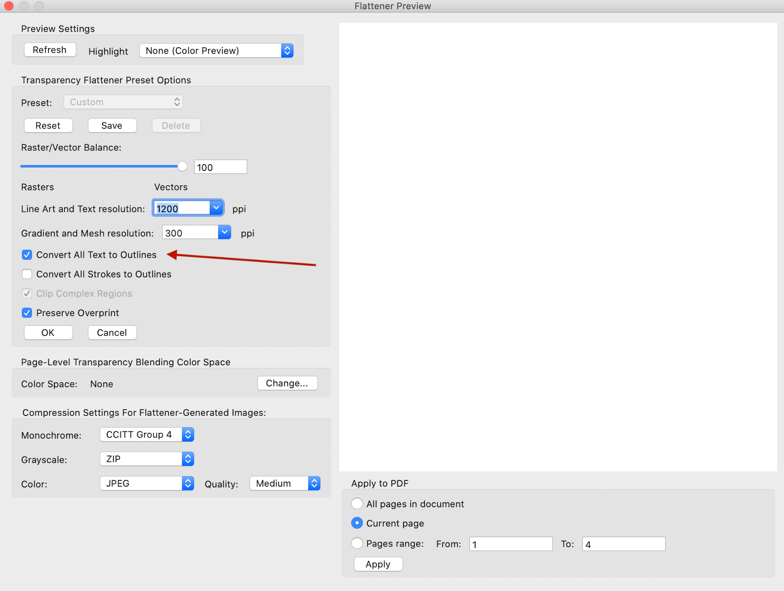 Screenshot of the flattening preview of Adobe. Click "Convert All Text to Outlines"
