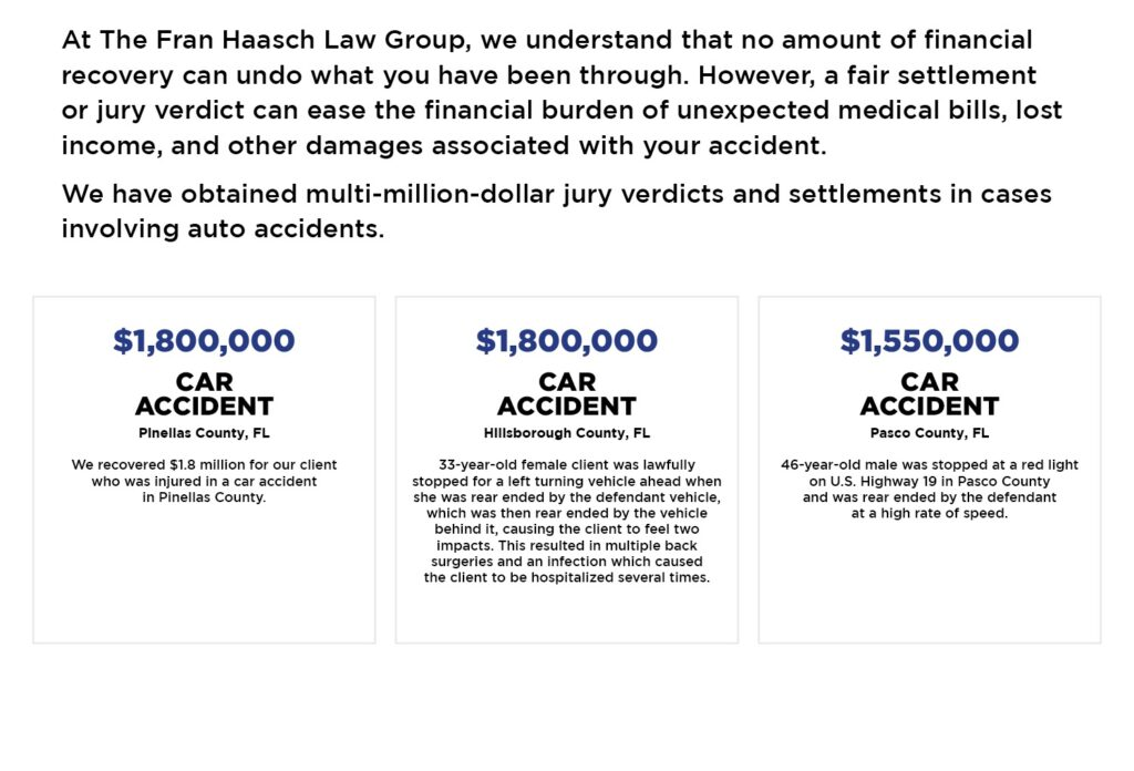 Car accident case results obtained for Florida car crash victims by The Fran Haasch Law Group