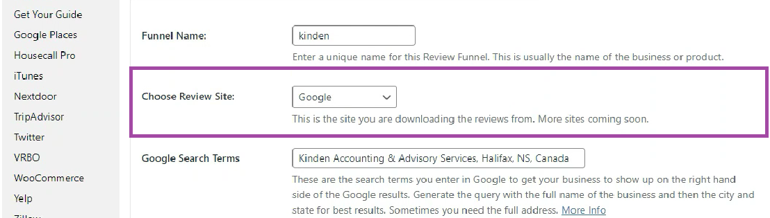 Setting Google as the review site.