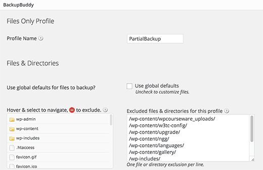 personalizando o perfil de backup
