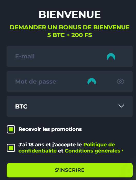 Processus d'inscription Bitslot Casino