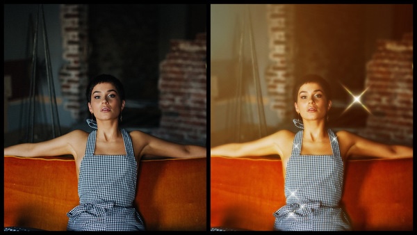 antes e depois da foto de uma mulher de cabelo curto sentada sendo que uma foto está com um filtro de brilho 