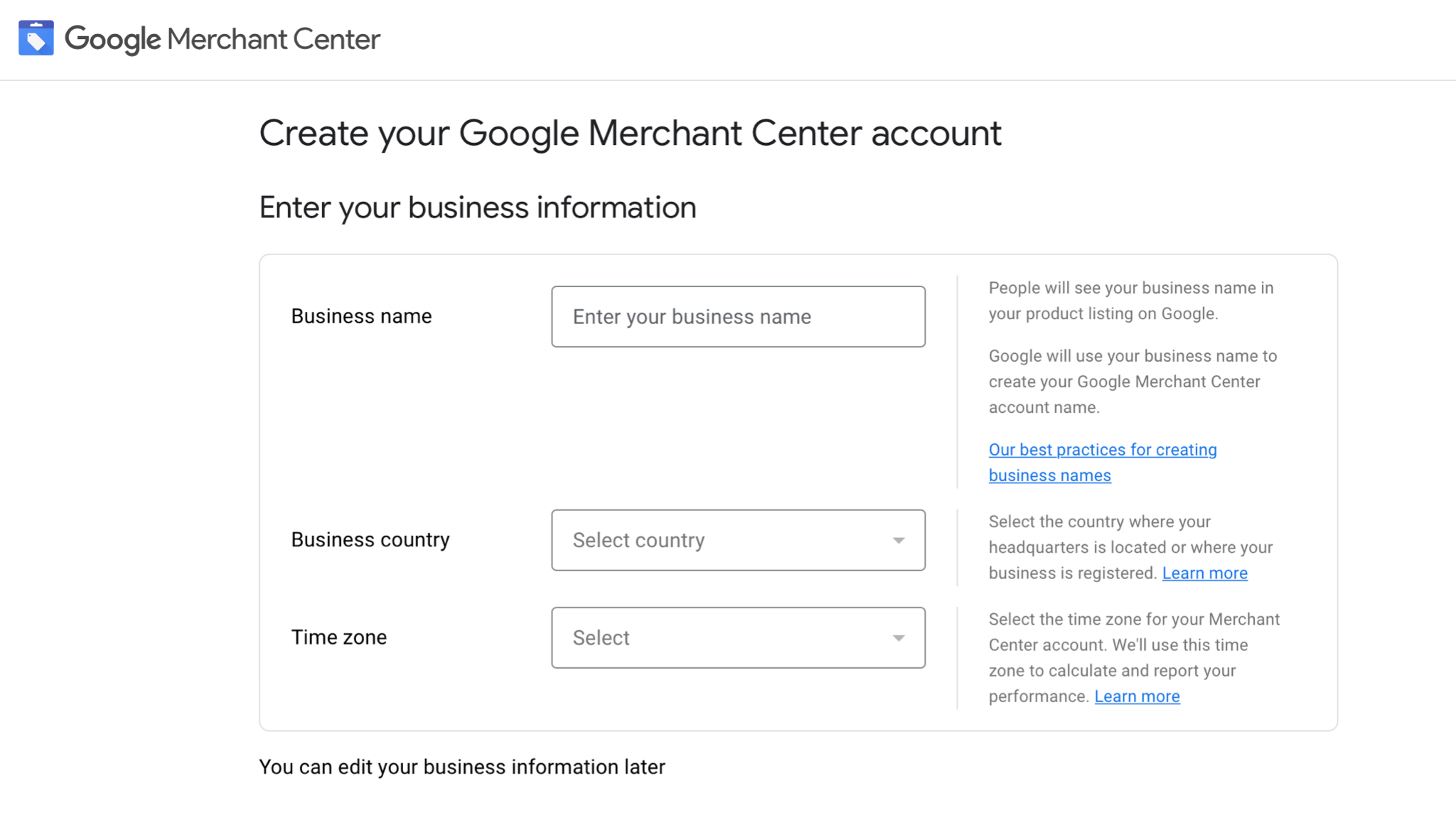 Google Merchant Center creation