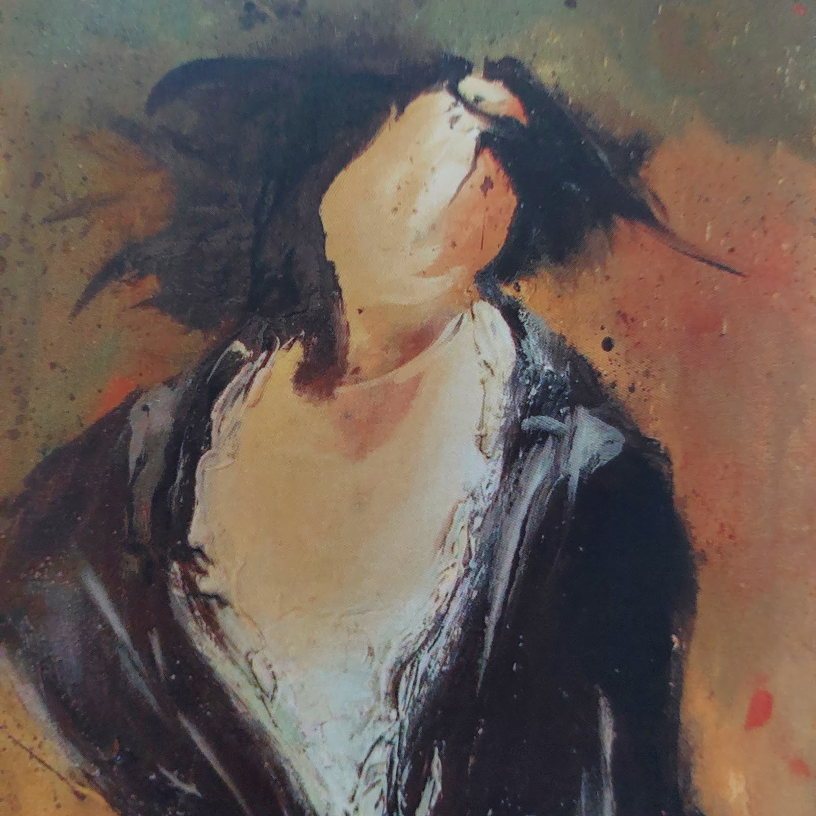 Artwork by Tom Climent features a painting of a faceless woman in a black dress on a paint spattered background