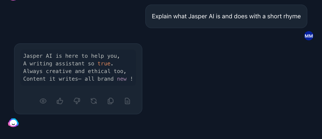 A screenshot of Jasper, a generative AI tool, being asked what it does as a short rhyme.