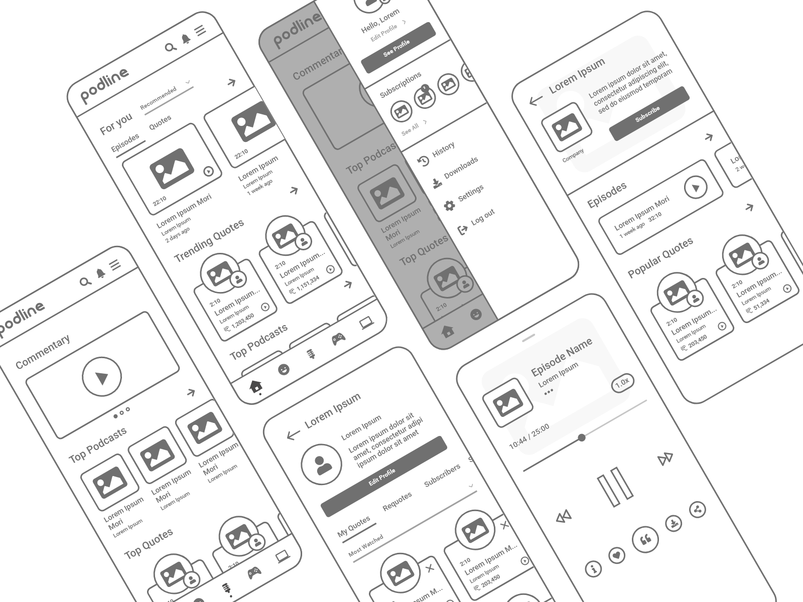 A low fidelity wireframe example of Fernando Aleta's Podline podcast app.