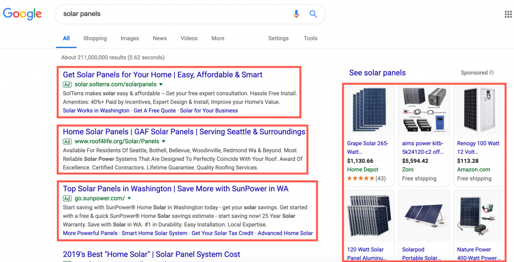 An image showing the placement of PPC ads on Google