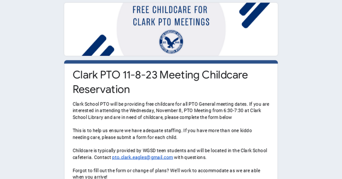 Clark PTO 11-8-23 Meeting Childcare Reservation