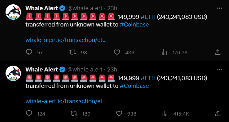 The large ETH transfers to Coinbase highlighted by Whale Alert