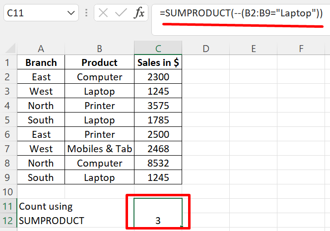 How to Use SUMPRODUCT to Count the Number of Occurrences in the Table