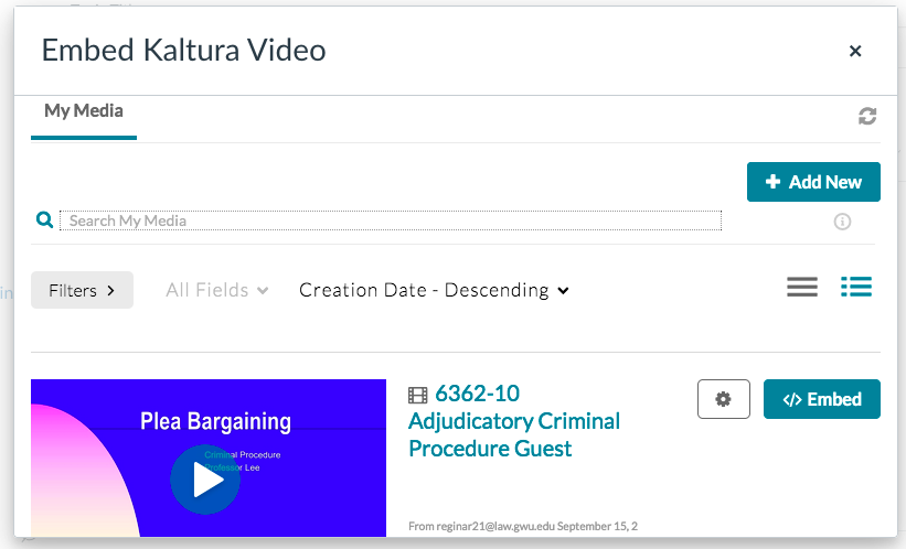 embed kaltura video choose from media gallery screen