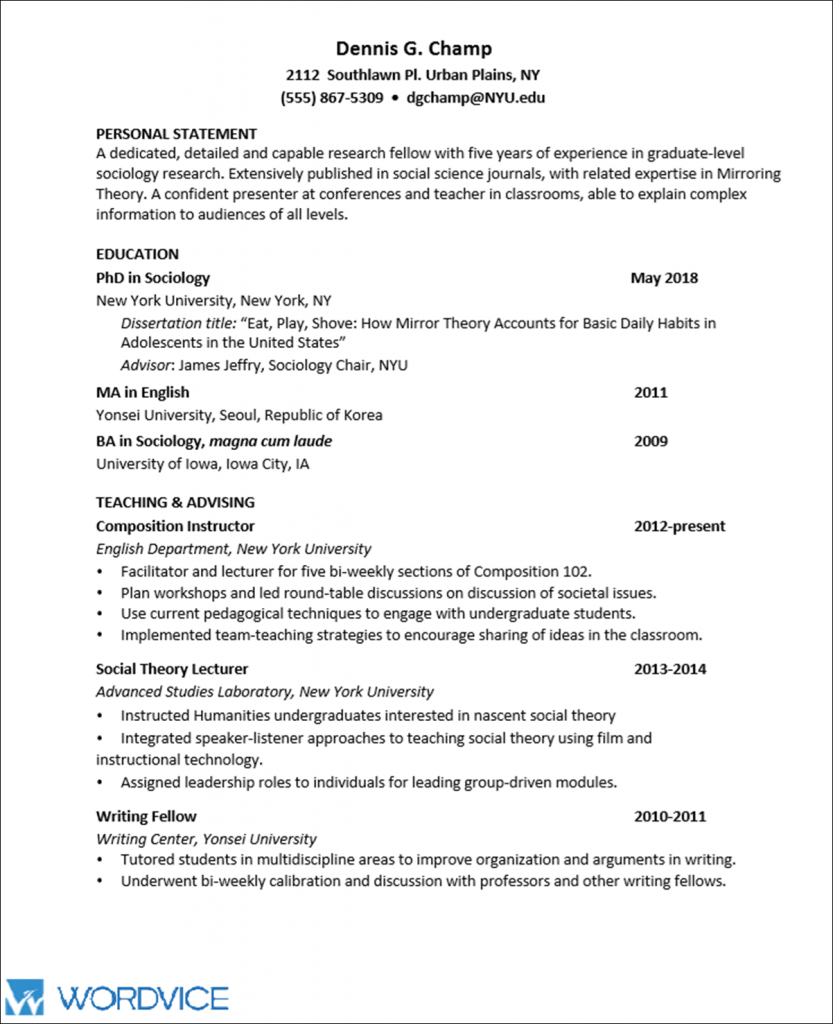 sample academic cv in one page